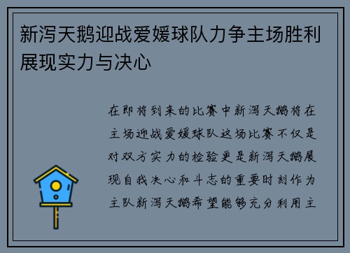 新泻天鹅迎战爱媛球队力争主场胜利展现实力与决心